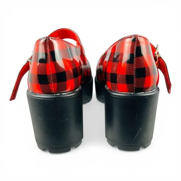 Koi Footwear Red Black Plaid Platform Mary Jane Chunky Lug Heel Size EU 36 - Picture 6 of 8